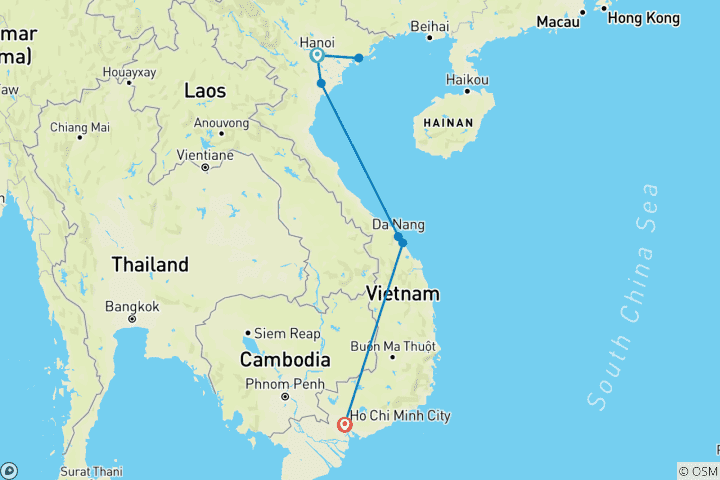 Carte du circuit Essence 10 jours au Vietnam, du nord au sud en passant par le centre