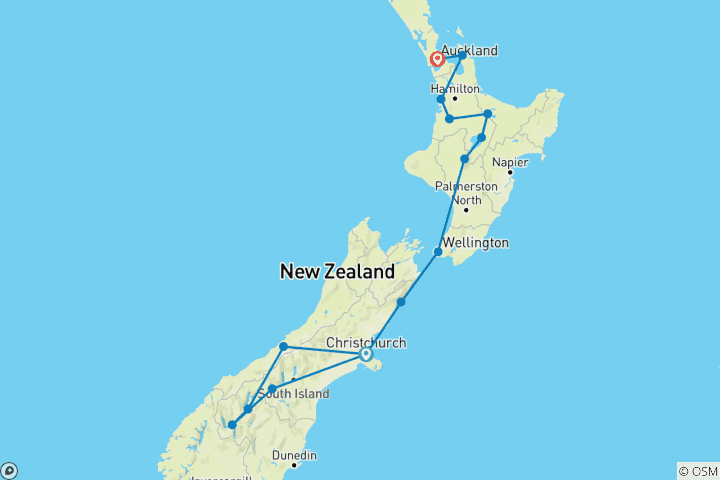 Carte du circuit La Nouvelle- Zélande découverte à l'envers