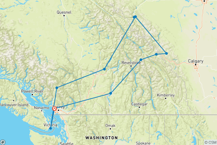 Map of Grand Western Canada Vacation (12 destinations)