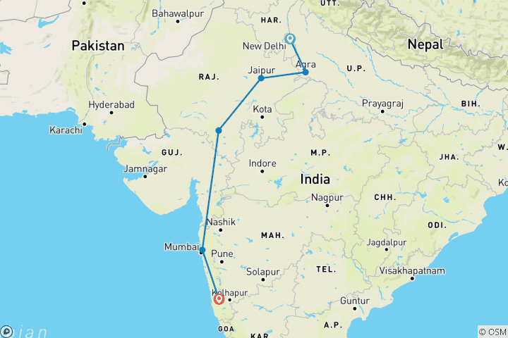 Kaart van Rondreis door het eeuwige India – Delhi, Agra, Jaipur, de Gouden Driehoek, Mumbai & Goa