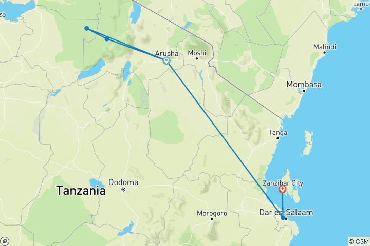 Map of Tanzania to Zanzibar: White Sands & the Wilderness