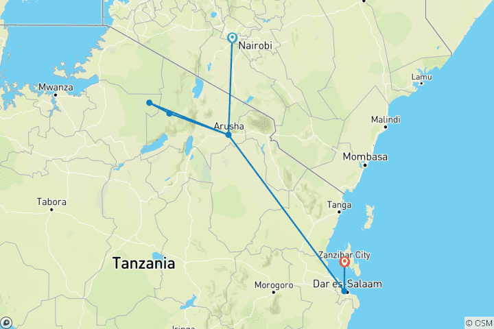 Map of Nairobi to Zanzibar: Serengeti & Sunsets