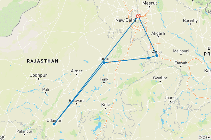 Carte du circuit Au départ de Delhi : Circuit privé de luxe du Triangle d'Or avec Udaipur
