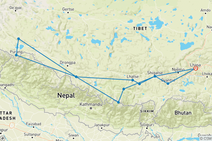 Mapa de Peregrinación en grupo de 15 días al monte Everest y al monte Kailash Kora