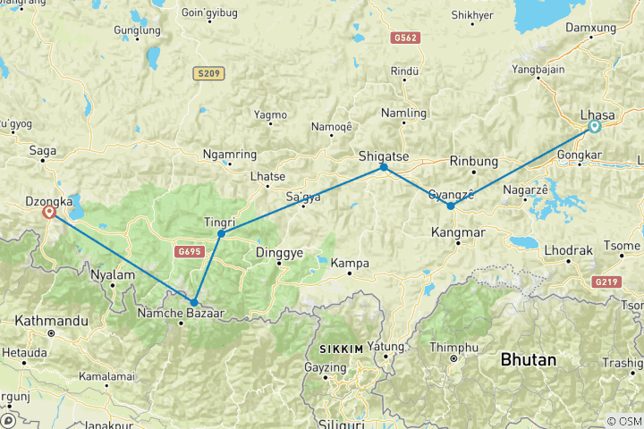 Map of 7 Days Lhasa Mt. Everest Kathmandu Overland Group Tour