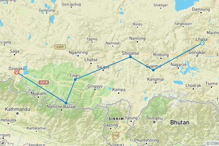 Mapa de 7 días Lhasa monte Everest Katmandú circuito en grupo por tierra