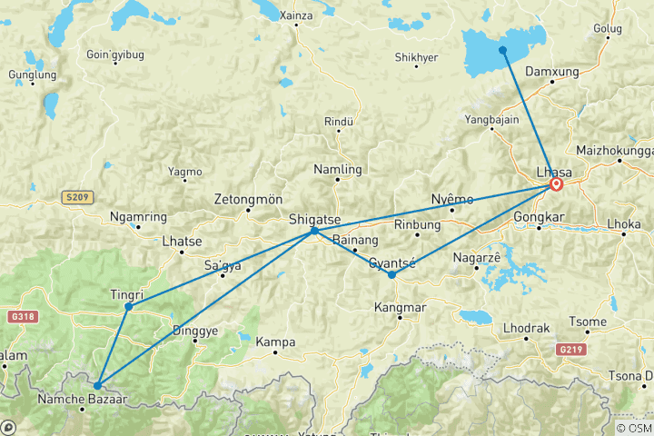 Carte du circuit Circuit en groupe de 9 jours à Lhassa, Gyantse, Shigatse, Everest et Namtso