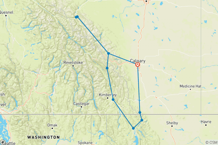 Carte du circuit Le parc national des Glaciers et les Rocheuses canadiennes