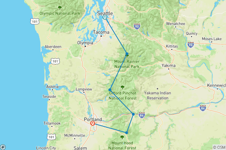 Carte du circuit Du Mt Rainier au Mt Hood