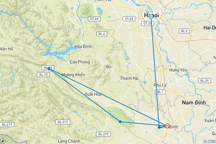 Map of Vietnam Motorcycle Tour to Pu Luong, Mai Chau, Tam Coc, Hoa Lu