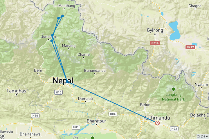 Carte du circuit Trek dans la haute vallée du Mustang - 15 jours