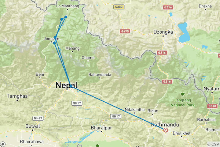 Carte du circuit Trek dans la haute vallée du Mustang - 15 jours