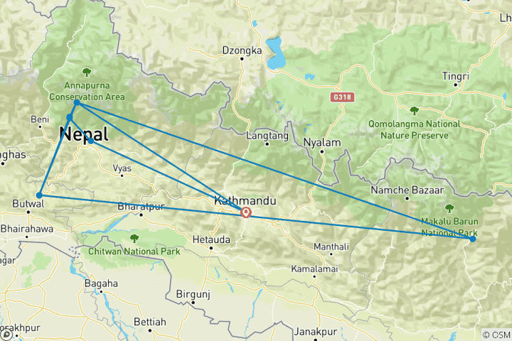 Map of 9 Days Annapurna Base Camp Trek