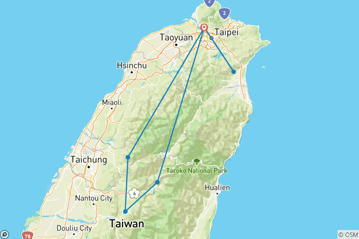 Map of 5-day Taiwan Family Fun Private Tour