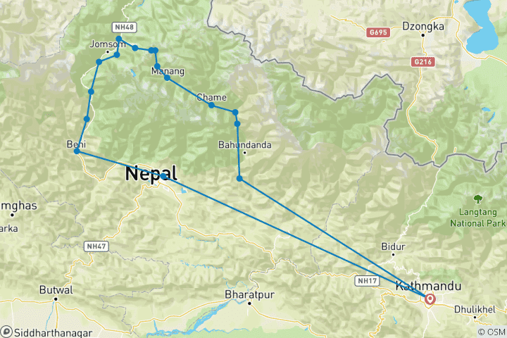 Map of Annapurna Circuit Biking