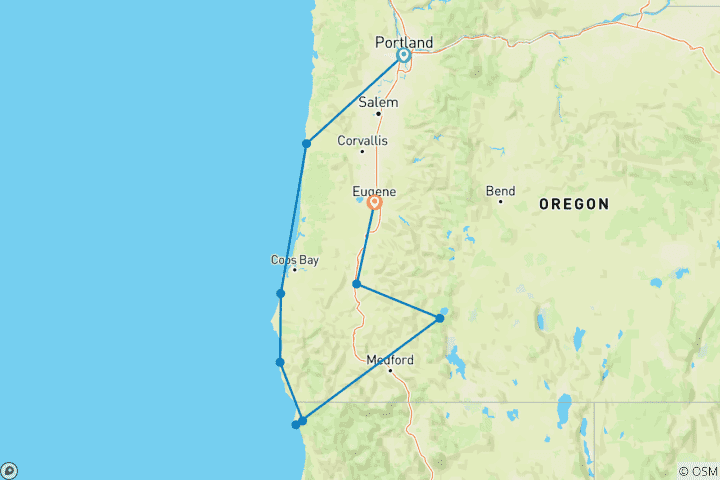 Map of Oregon Coast to Crater Lake Bike Tour