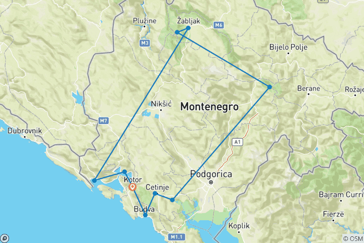 Mapa de Vive montenegro en 4 días - circuito privado