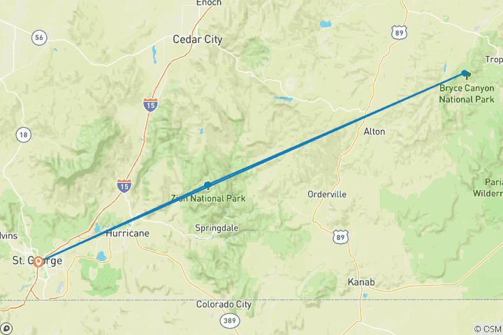 Map of Bryce and Zion National Parks Bike Tour