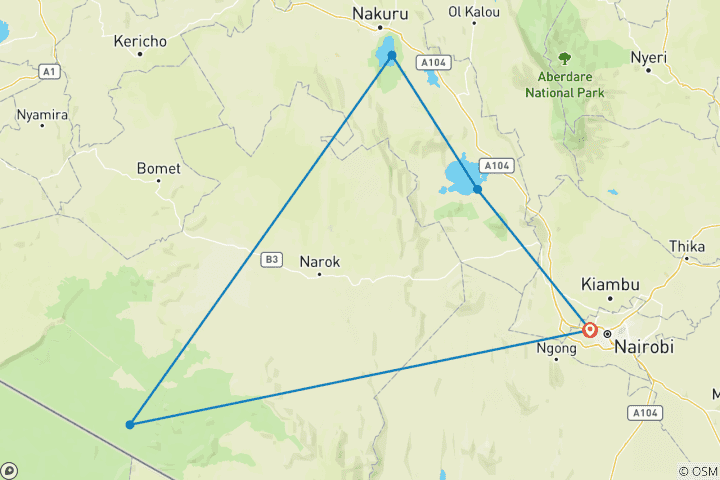 Map of 5-Day Masai Mara, Lake Nakuru & Naivasha Budget Camping Safari