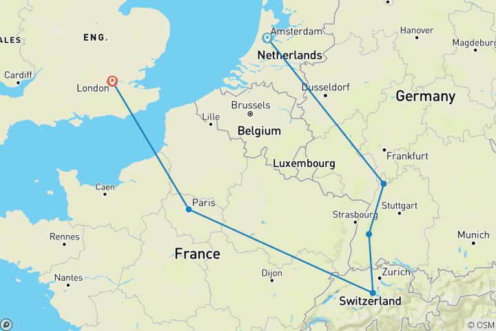 Carte du circuit Les hauts lieux de l'Europe (été, fin Londres, 8 jours)