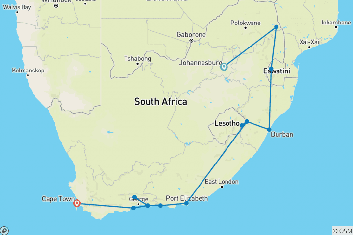 Carte du circuit Le meilleur de l'Afrique du Sud- 15 jours