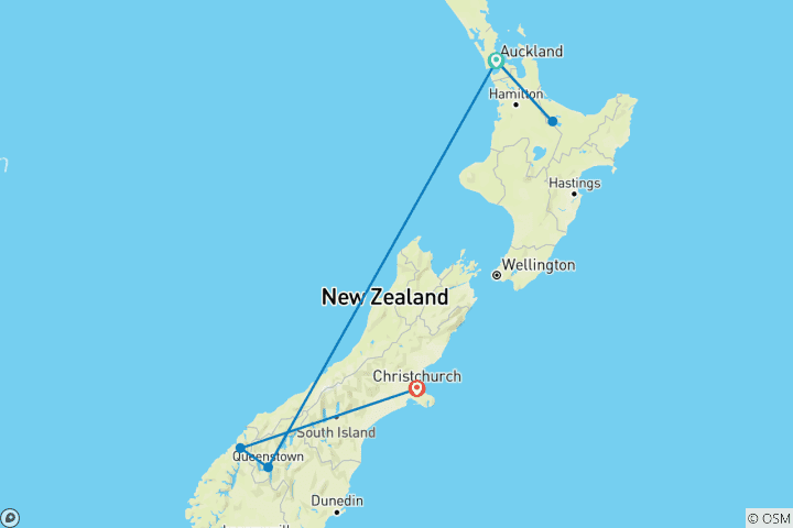 Map of Contrasts Of New Zealand (End Christchurch, 10 Days)