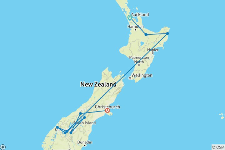 Carte du circuit Contrastes de la Nouvelle-Zélande