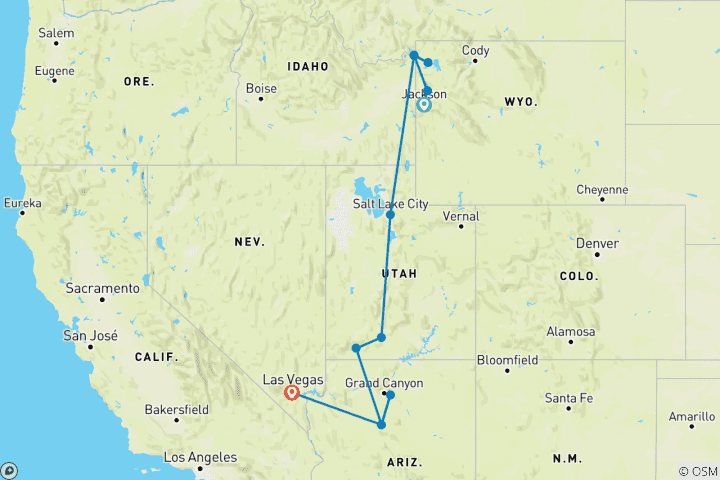 Map of Five Epic National Parks (9 Days)