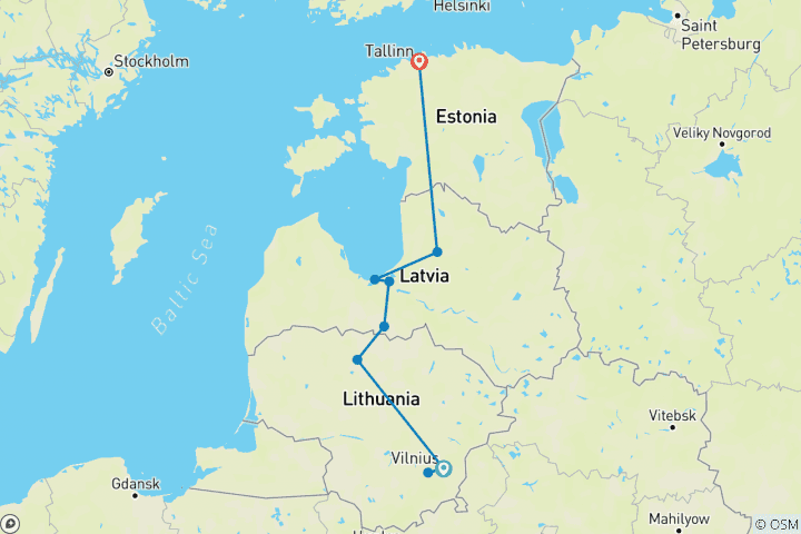 Map of Highlights of the Baltic States in 8 Days (Private Tour)