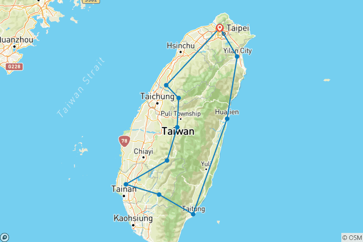 Map of Around Taiwan 8 day Private Tour (Premium)
