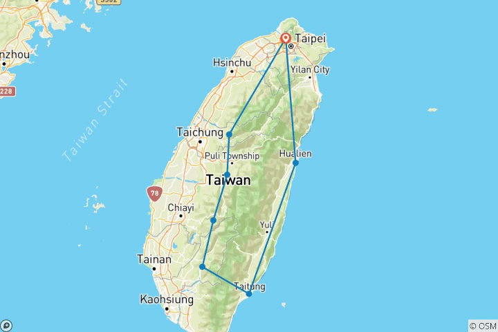 Carte du circuit Circuit privé de 8 jours autour de Taïwan - classique