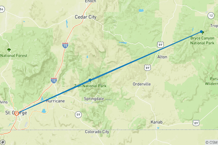 Mapa de Circuito a Zion y Bryce en albergue