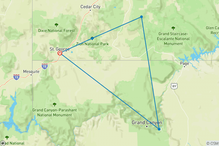 Map of Zion, Bryce, Grand Canyon Tour