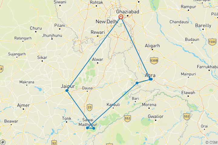 Kaart van Gouden Driehoek Met Ranthambore Tour