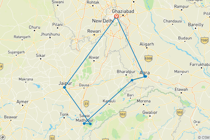 Kaart van Gouden Driehoek Met Ranthambore Tour