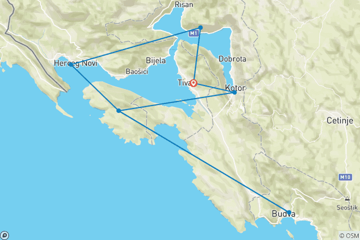 Carte du circuit 8 jours de navigation au Monténégro