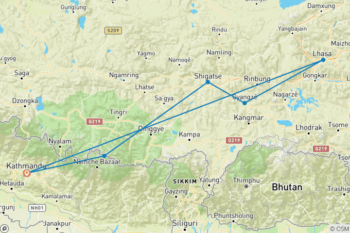 Map of Forbidden Lhasa and Everest Base Camp - 9 Days