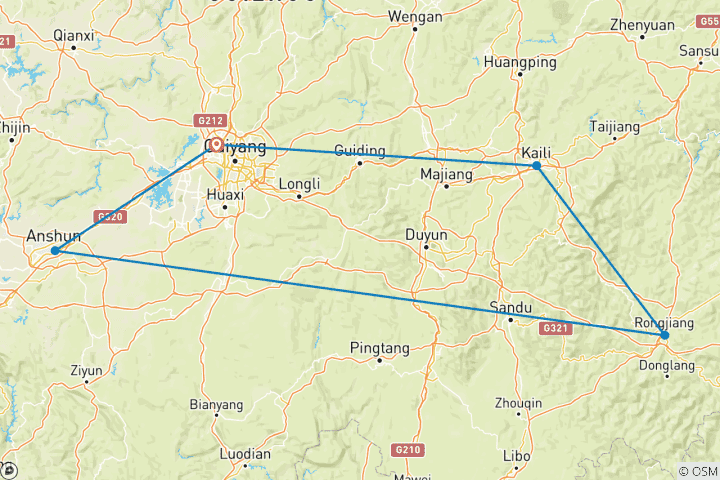 Karte von Erkunden Sie Guizhou 9D: Guiyang, Anshun, Libo, Zhaoxing, Zhenyuan, Mt Fanjing, Kaili