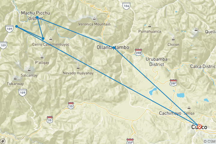 Map of 4 Days Inca Trail to Machu Picchu from Cusco Tour