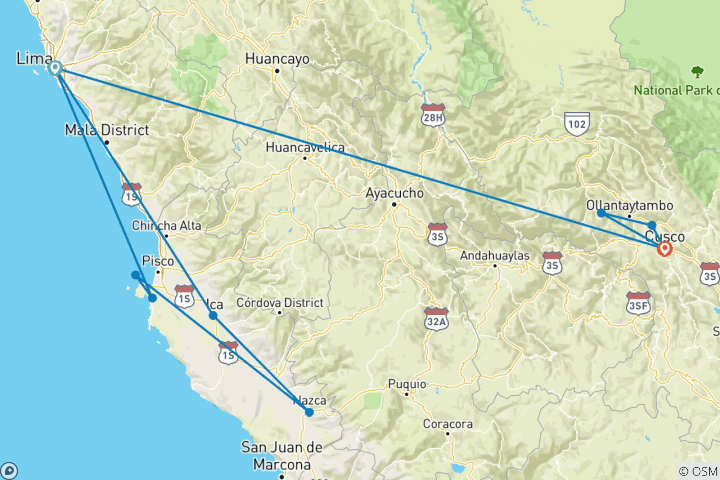 Map of Peru Classic 7D-6N ( Lima, Nazca, Paracas, Cusco, City tour, Sacred valley, Machu Picchu )