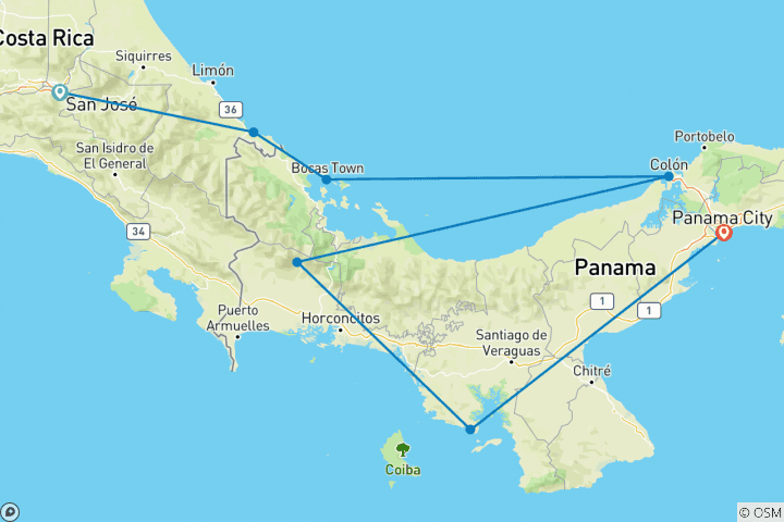 Carte du circuit Découverte du Costa Rica et du Panama (14 destinations)