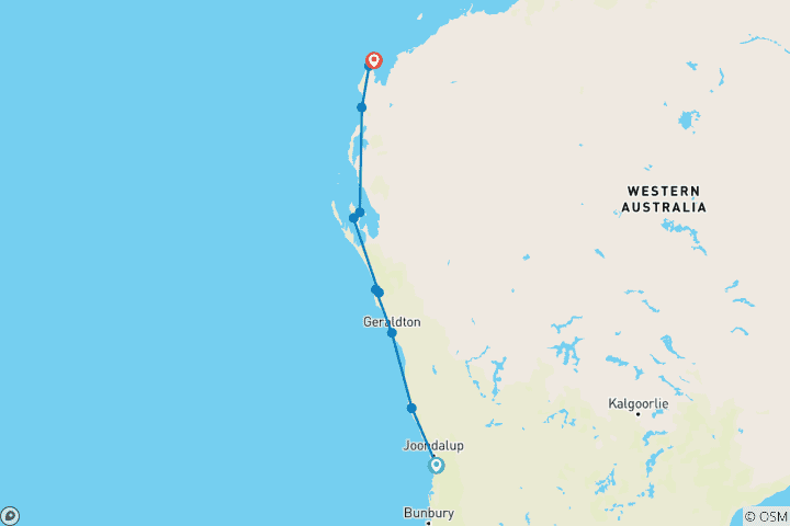 Map of 6 Day Perth to Exmouth Coral Coaster One Way Adventure