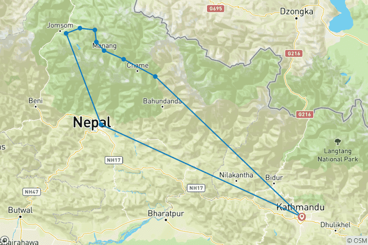 Mapa de Senderismo por el lago Tilicho y el paso de Thorong la 17 días