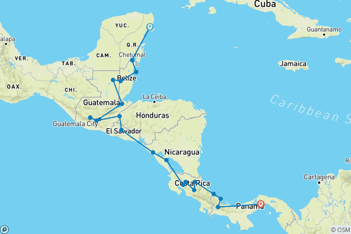 Karte von Mittelamerika: von Playa del Carmen bis Panama Stadt (22 Destinationen)