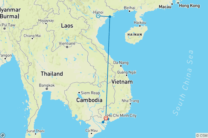 Kaart van 7-daagse Snapshot van Vietnam: Hanoi & Saigon (privé rondreis)