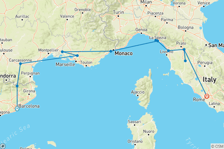 Map of Barcelona to Rome