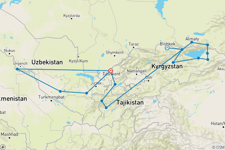 Map of Multi-Stan Adventure - Bishkek to Tashkent