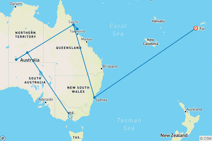 Carte du circuit Points forts de l'Australie avec les Fidji