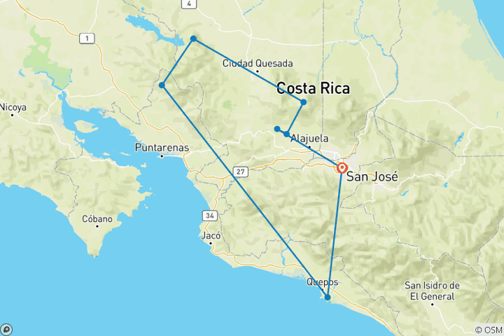 Map of Highlights of Costa Rica + Beach Extension