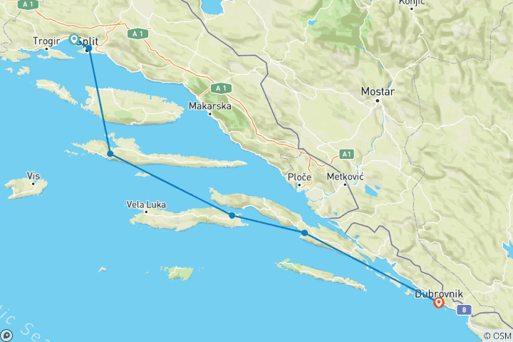 Carte du circuit A vélo sur la côte dalmate